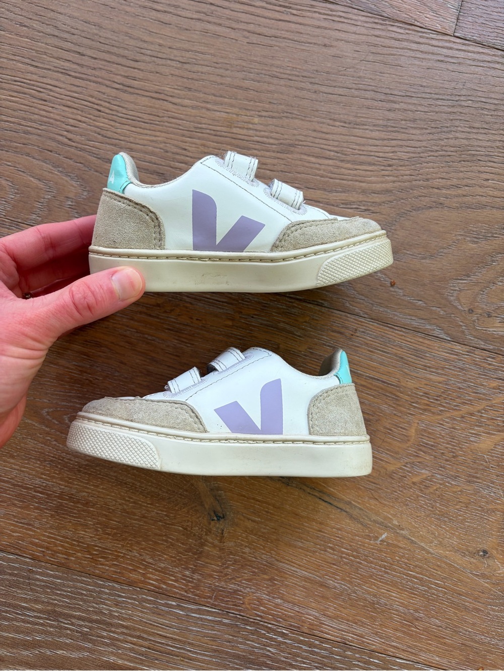 Veja Kids White Sneakers with Lavender V and Mint Heel